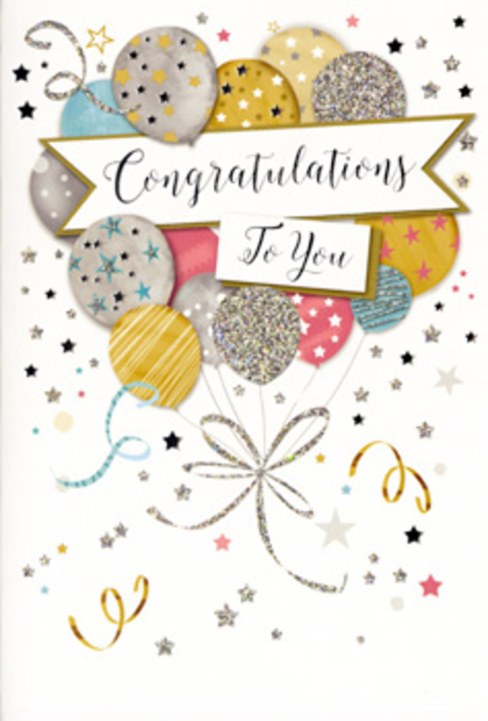 In this image, a stylish congratulations card is portrayed with the quiet glamour of a well-planned celebration in Southfields. The design features a generous cluster of balloons rising from the lower third of the card, their rounded forms overlapping in an artful composition that recalls a hand-gathered bouquet. Colour-wise, the palette leans toward elegant metallics: warm gold and cool silver blend with soft champagne, airy blue, blush pink, and gentle grey, creating a soothing yet festive harmony. Each balloon is embellished with its own decorative motif-starbursts that sparkle, slim bands that encircle the curves, and scattered dots that mimic glitter-giving depth and variety without overwhelming the eye. Their trailing cords are drawn in glinting gold and silver lines that cross, swoop, and curl gracefully, like the loose ends of ribbon cascading from a gift box in a Southfields townhouse near Wimbledon Park. The pale background is sprinkled with tiny stars and playful confetti-like marks, along with subtle swirling flourishes that introduce movement and keep the scene from feeling static. Across the centre, a classic banner stretches in a soft arc, rendered with shading that suggests gentle folds and a three-dimensional feel. On it, the phrase Congratulations To You appears in refined, cursive lettering, legible and expressive, adding a sense of personal warmth and sincerity. The finish hints at a mix of smooth card and slightly raised metallic or glitter elements, inviting touch as much as sight. Altogether, the card feels perfect for honouring proud milestones-graduations, new jobs, or promotions-celebrated in homes and offices around Southfields, and it pairs naturally with a thoughtful, florist-crafted bouquet.