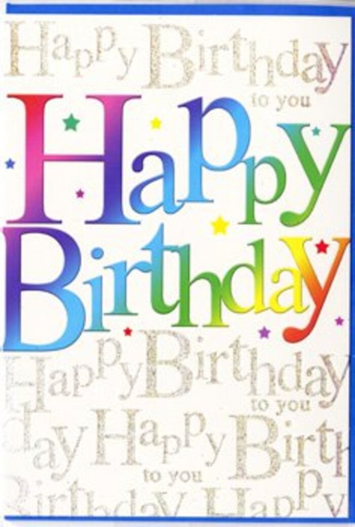 The image shows a birthday card that radiates upbeat elegance, perfectly suited to accompany a colourful arrangement delivered across Southfields. At its heart, the card showcases the words Happy Birthday in big, striking letters that span the width of the design. These letters are richly coloured, each one taking on a different shade within a smooth gradient-ruby red melting into tangerine, soft gold shifting to grassy green, cool teal deepening into sapphire and finally blossoming into a luxurious purple. The colours feel as if they've been gently brushed on, with enough depth to suggest a velvety finish, like the surface of fine cardstock you'd find in a boutique on Replingham Road. The font is rounded, modern, and full of gentle curves, avoiding any harshness and giving the greeting an inviting, joyful personality. Behind this bright declaration, the background is entirely covered in repeating lines of fine golden handwriting, forming an intricate tapestry of the words Happy Birthday to you. The script is elegant and slightly slanted, evoking the charm of personal notes written in a cherished journal. Metallic gold ink adds a soft, luminous sheen, reminiscent of afternoon sunlight spilling into Southfields' quiet side streets. Rather than competing for attention, the golden script creates a subtle, shimmering backdrop, like delicate filigree behind a gemstone. Together, the rainbow headline and the delicate gold pattern strike a thoughtful balance between playfulness and sophistication. The card feels celebratory without being busy, refined without losing its sense of fun-the kind of greeting you'd happily send alongside a hand-tied bouquet to make someone's birthday in Southfields feel truly special.