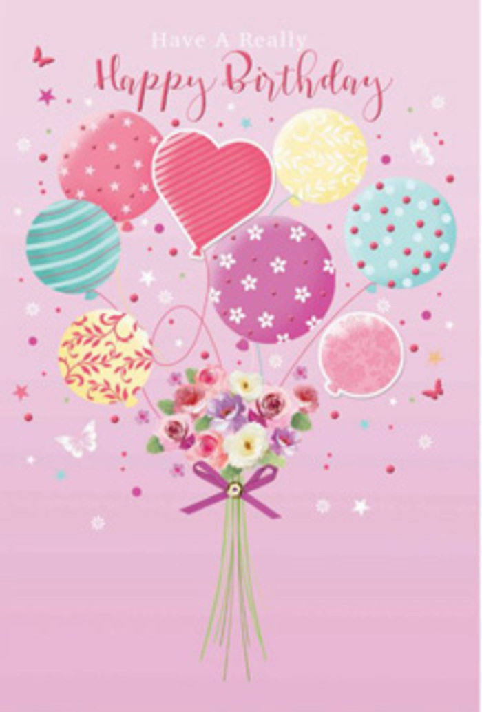 This birthday card artwork tells a gentle, uplifting story in pastels, evoking the relaxed charm of Southfields streets on a sunny afternoon. The background is a soft blush-pink wash that feels like delicate paper touched with watercolour, creating a calm backdrop for the central design. At the heart of the image, a bouquet appears to be carried upward by a bunch of buoyant balloons, all gathered together as if for a joyful celebration. The balloons are painted in soothing tones of rose, teal, lemon, and lavender, each adorned with its own cheerful motif: loops of ribbon-like stripes, tiny dots arranged in playful clusters, and flowing swirls that curl around their rounded forms. Their surfaces gleam gently, suggesting a smooth, inflated texture that invites the imagination to picture them bobbing softly in the air. Below, the flowers bloom densely where the balloon strings converge, forming a compact, hand-tied bouquet that might have been crafted by Flower Delivery Southfields for a birthday surprise. The blossoms are shown with layered, almost feathery petals, blending hues of soft pink, creamy ivory, pale yellow, and lilac. They nestle closely together, creating a lush, cushiony appearance that suggests freshness and care. The bouquet is finished with a fine purple ribbon tied neatly at the stems, the satin bow catching the light with a subtle sheen. Overall, the lighting is gentle and flattering, giving the impression of a warm indoor glow that enhances the pastel palette. The whole composition radiates quiet joy and affection, turning the simple idea of happy birthday into a visual expression of thoughtfulness, creativity, and the pleasure of sending flowers to someone special in Southfields.