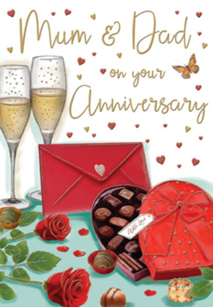 Detailed anniversary card illustration evoking a cosy evening celebration in Southfields, as if set on a dining table after a peaceful stroll through nearby Wimbledon Park. Two slender champagne flutes form the vertical focus of the scene, their clear glass beautifully depicted with delicate highlights and reflections. Each flute is filled almost to the rim with golden champagne, bubbles captured halfway up in sparkling trails that bring a sense of movement and quiet excitement, just before a joyful clink. In front of the glasses, an open heart-shaped box of chocolates takes pride of place. The lid, edged in red, tilts slightly to reveal a careful grid of truffles and pralines, each one individually illustrated with subtle sheen and shadow. A wide red satin ribbon circles the box and is tied into a sumptuous bow, its loops and flowing tails adding a sense of luxury and celebration. To one side, two rich red roses lie among glossy green leaves, petals full and layered like premium stems just arranged by an experienced Southfields florist at Flower Delivery Southfields. A few individual chocolates are scattered loosely nearby, implying a relaxed, shared indulgence. Across the background, fine specks of gold and delicate crimson hearts drift like confetti, framing a hand-lettered greeting dedicated to Mum & Dad that clearly marks this as a tribute to a long-standing partnership. At the front edge of the scene rests a vivid scarlet envelope, neatly sealed and slightly askew, suggesting a heartfelt note or perhaps a memory-filled letter. The soft, ambient lighting bathes everything in a warm glow, reinforcing the sense of intimacy, appreciation, and enduring love that an anniversary celebration brings.
