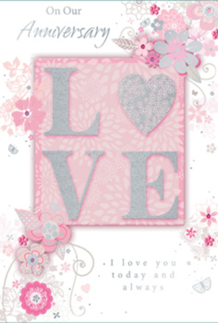 The anniversary card displayed here evokes the gentle warmth of a sunlit living room in Southfields, where love is honored in quiet daily gestures. The focal point of the front design is the word LOVE, presented in large, frosted-glitter letters that rise slightly from the surface. As light touches them, they sparkle softly, like frost-kissed petals on an early spring morning. Along the card's edges and drifting inward, wispy, hand-drawn flowers and airy sprays of foliage weave a delicate frame. Their tones of pink, lilac, and ivory merge in a way that recalls a pastel bouquet resting on a table near Wimbledon Park Road, each bloom distinct yet perfectly harmonious. Fine filigree lines, subtle curls, and small, almost-hidden butterflies thread through the petals and leaves, hinting at the flutter of hearts and the gentle excitement of another anniversary shared. The background carries a muted blush wash, smooth and calming, ensuring the raised, textured elements and detailed drawings remain clear and inviting to the touch. Inside, in understated and graceful lettering, the message I love you today and always is printed, the words appearing as sincere as a whispered promise at the end of the day. The overall composition is refined yet deeply personal, much like a bespoke hand-tied bouquet crafted by a local Southfields florist who knows the couple's story. It feels as though the card itself could carry a faint floral scent, its design echoing fresh petals, soft greenery, and the enduring comfort of a long, loving partnership.