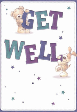 Refined yet playful, this get well card shines with a comforting energy that feels right at home in Southfields, with its friendly neighbourhoods and leafy avenues. At the heart of the illustration, a soft, brown teddy bear clutches the arching edge of the word 'GET,' while an enthusiastic puppy snuggles joyfully against 'WELL.' Both characters exude affection, their forms rounded and tactile, their faces brimming with empathy and light. Surrounding them, bright star motifs in teal, purple, and blue whirl against a pristine cream background, reminiscent of Southfields' vibrant local spirit. The text, rendered in confident, hand-drawn strokes of deep indigo and cool aqua, offers visual punch without sacrificing the card's sense of calm. The overall effect echoes the thoughtful work of arranging a bouquet at a local florist's studio: each choice-of hue, line, and emotion-deliberate, nurturing, and intended to soothe. Every nuance, from the fluffy textures to the lively interplay of stars and lettering, evokes a sense of hope and renewal, making this card a meaningful way to send comfort and encouragement to anyone on the mend in Southfields.