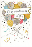 The congratulations card in the image feels like a soft, sparkling party captured on paper, the kind of thoughtful touch Flower Delivery Southfields might recommend to complement a celebratory bouquet. At the centre of the design, a lively cluster of balloons gently floats upward, overlapping to create a sense of depth and movement. The colour palette is delicately festive: brushed gold, polished silver, pale champagne, sky blue, blush pink, and a whisper of grey, all rendered with a slightly metallic sheen. Each balloon carries distinct detailing-sprays of little stars, slender stripes, or finely dotted glitter effects-so that every shape contributes its own quiet celebration. From their bases, elegant ribbons drawn in gold and silver inks twist and loop downwards, recalling the look of curling ribbon tails hanging from a gift bag carried along Replingham Road. Around this cluster, tiny stars, confetti sprinkles, and subtle swirls scatter across a soft, neutral background, evoking the feeling of light catching festive decorations at a gathering near Wimbledon Park. Stretching across the centre, a gently curved banner appears to float in front of the balloons. It's shaded to give a sense of folded ribbon and bears the message Congratulations To You in smooth, flowing calligraphy that radiates warmth and pride. Certain details seem slightly raised and glossy, suggesting a tactile mix of flat card and shimmering, textured accents you might trace with your fingertips. The overall impression is one of joyful sophistication-perfect for recognising any special achievement, from exam success to a promotion-especially when paired with fresh flowers delivered throughout Southfields and the surrounding SW18 streets.