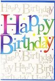 This birthday card design looks like a compact burst of joy, the kind of polished yet playful greeting that might be tucked into a bouquet from Flower Delivery Southfields on its way to a friend's home near Wimbledon Park. At the centre, the message Happy Birthday is spelled out in broad, curving letters that stretch confidently across the front, each letter bathed in a different hue. The colours glide from bold red to juicy orange, mellow yellow, fresh green, turquoise, deep blue, and lush purple, blending softly where they meet, creating an effect reminiscent of balloons and bunting at a neighbourhood celebration. The letters have a smooth, slightly glossy appearance, suggesting a high-quality print on sturdy card, and their rounded shapes add a sense of warmth and approachability. Behind this bold rainbow statement, the background is a field of delicately looping golden script, repeating the phrase Happy Birthday to you in a continuous, handwritten flow. The gold ink gleams whenever the light shifts, much like the subtle sparkle of glassware on a birthday table set in a Southfields home. Though the background is busy with repeated words, the fine lines and light metallic sheen keep it from feeling cluttered; instead, it wraps the main message in a gentle shimmer, like confetti suspended in mid-air. The overall mood is one of bright, heartfelt celebration with a touch of sophistication, perfectly suited to accompany fresh flowers and create a complete birthday gesture for someone special in and around Southfields.