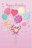 The illustration presents a joyful birthday scene that feels right at home in Southfields, like a card propped up on a mantel after a family gathering near Wimbledon Park Road. A soft pink backdrop frames the image, providing a gentle, romantic setting for the star of the design: a bouquet that seems to rise into the air, buoyed by a cluster of pastel balloons. The balloons float near the top of the composition, rendered in rounded shapes with smooth outlines, and painted in shades of rose, teal, lemon yellow, and lavender. Each balloon is decorated with its own whimsical pattern-delicate florals scattered across one, candy-like stripes curling around another, and cheerful dots and swirls on others-together creating an atmosphere of light-hearted festivity. Highlights along their curves suggest a glossy, inflated surface, like real party balloons catching a warm indoor light. The strings trail gently downward and gather into a petite bouquet at the base. Here, softly textured flowers bloom in close formation, their petals slightly layered and rounded, showing off a palette that echoes the balloons above: blush pink, ivory, lilac, and soft yellow. They appear freshly arranged, as if they've just been tied by a careful florist and tucked onto the card. A slim purple ribbon secures the stems, forming a tidy bow that adds a touch of refinement to the playful design. The entire composition gives off an inviting, celebratory feel, making it easy to imagine this card accompanying a birthday flower delivery in Southfields, symbolising both the joy of the occasion and the thought that went into choosing something pretty, colourful, and lovingly detailed.