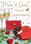 Warm, lovingly detailed anniversary card illustration that feels rooted in everyday romance, like a special evening at home in Southfields after a quiet walk down Replingham Road. The centre of the card is dominated by two elegant champagne flutes, tall and slender, their transparent glass catching soft highlights. Each flute brims with a golden, sparkling drink, the bubbles suspended mid-rise in delicate strands, hinting at the moment just before an affectionate toast between long-time partners. In the foreground, a heart-shaped chocolate box sits invitingly open, its interior carefully drawn to show individual truffles nestled in place, with glossy domes and squared edges suggesting rich fillings and varied flavours. A generous red bow, tied from wide satin ribbon, wraps around the box, its loops and loose ends softly draped across the tabletop. To one side, two deep crimson roses rest on a cushion of lush green foliage, their velvety petals layered and slightly unfurled, much like fresh stems a Southfields florist might choose for a same-day anniversary delivery. A couple of chocolates have been placed casually on the table, giving the impression that the treats are already being enjoyed. Gentle gold flecks and scattered crimson hearts float across the pale background, adding a sense of lightness and celebration while framing a hand-written message to Mum & Dad. In front, a neat scarlet envelope sits sealed, tilt suggesting it holds thoughtful words and perhaps treasured memories. The entire illustration is bathed in a soft, flattering glow, creating an atmosphere of tenderness, gratitude, and the quiet joy of marking another year of shared life together.